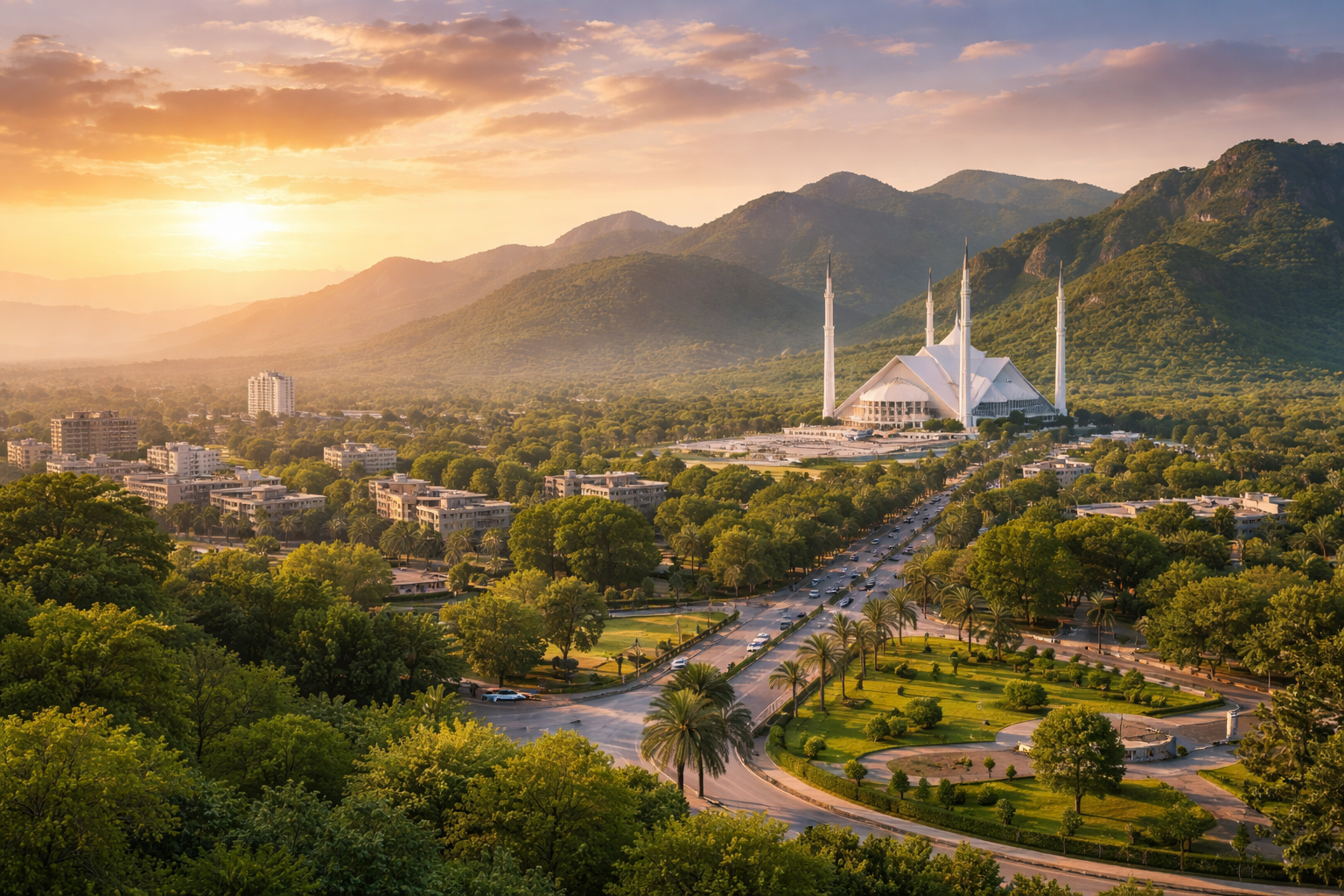 Sunrise over Islamabad and Faisal Mosque